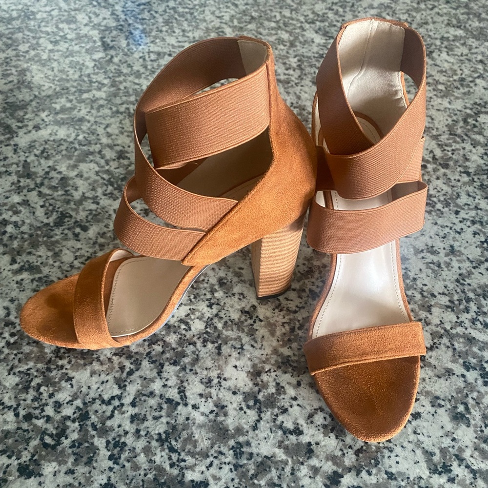 Brown Strappy Suede Block High Heels